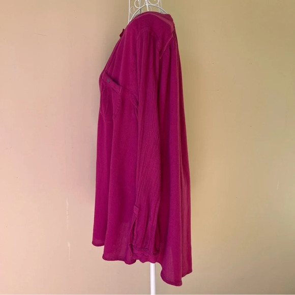 Free People Berry Pink Pleated Back Button Front Long Sleeve Blouse flare size S - Picture 5 of 9